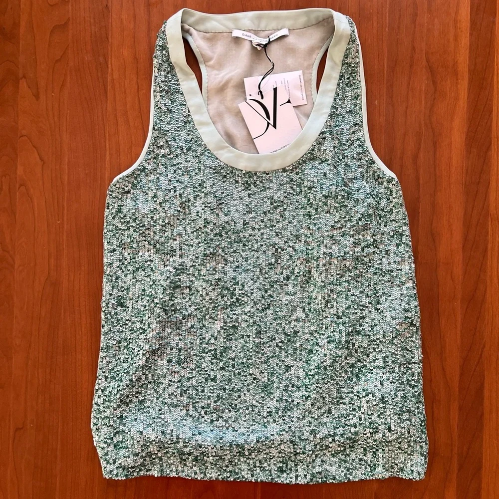 Diane Von Furstenberg Emilia Turquoise & Green Silk Marble Sequin Tank - Picture 10 of 16